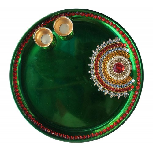 Decoration Craft New Design Stainless Steel Green Puja Thali